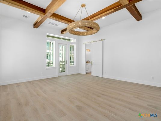 Empty room, Interior, Pendant Lights, Recessed Lighting, Wooden Beams, Wood Texture Flooring