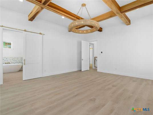 Empty room, Interior, Pendant Lights, Recessed Lighting, Wooden Beams, Wood Texture Flooring