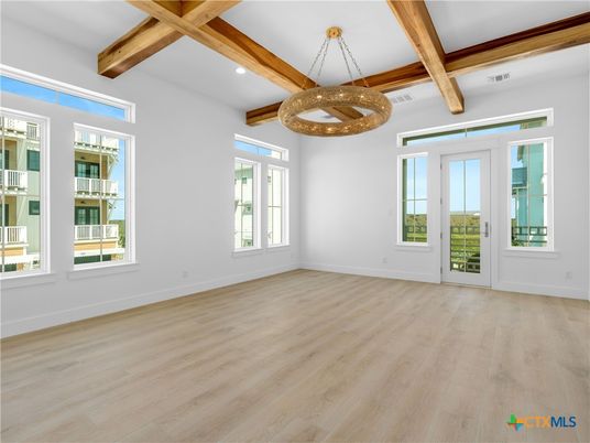 Empty room, Interior, Pendant Lights, Recessed Lighting, Wooden Beams, Wood Texture Flooring
