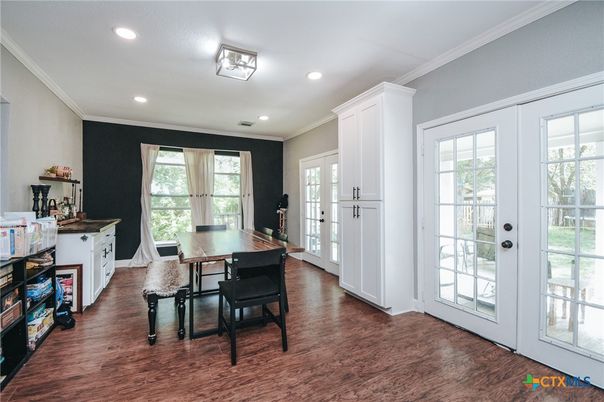 Dining room, Interior, Recessed Lighting, Wood Texture Flooring