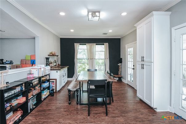 Dining room, Interior, Recessed Lighting, Wood Texture Flooring