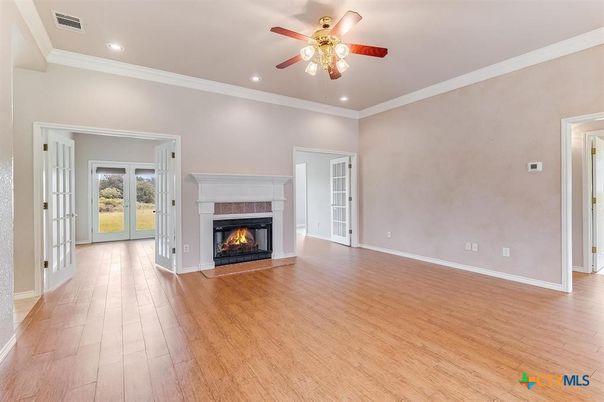 Empty room, Fireplace, Interior, Recessed Lighting, Wood Texture Flooring