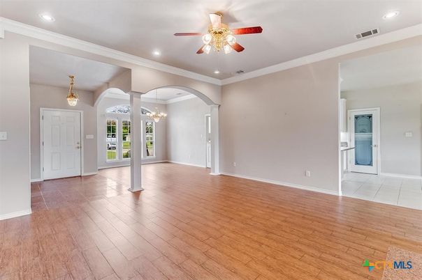 Chandelier, Empty room, Interior, Recessed Lighting, Wood Texture Flooring