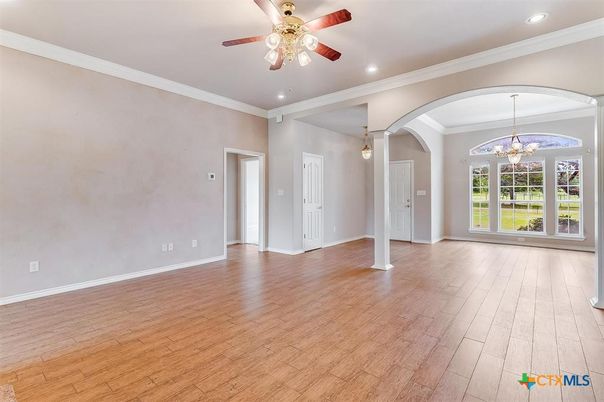 Chandelier, Empty room, Interior, Pendant Lights, Recessed Lighting, Wood Texture Flooring
