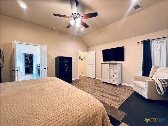 Bedroom, Interior, Recessed Lighting, Wood Texture Flooring