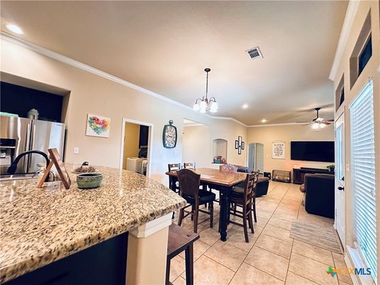 Dining room, Interior, Kitchen, Pendant Lights, Recessed Lighting, Stainless Steel Appliances