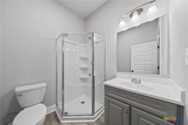 Bathroom, Glass Shower, Interior, Wood Texture Flooring