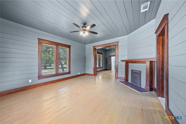 Empty room, Fireplace, Interior, Recessed Lighting, Wood Texture Flooring