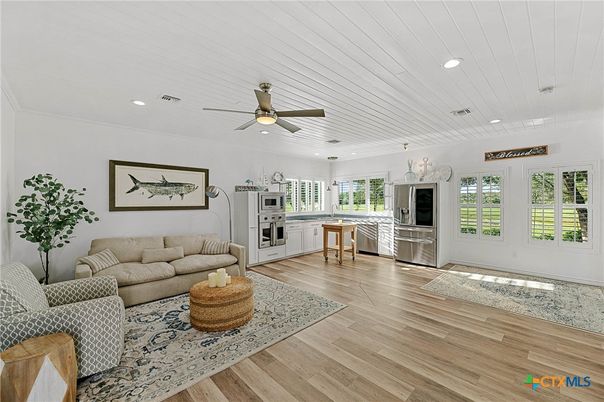 Interior, Kitchen, Living room, Recessed Lighting, Stainless Steel Appliances, Wood Texture Flooring