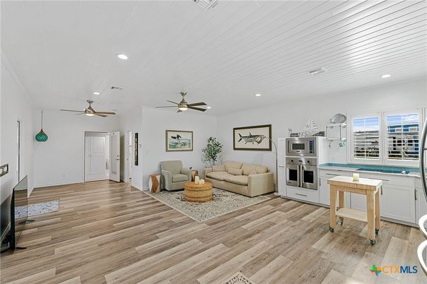 Interior, Kitchen, Living room, Recessed Lighting, Stainless Steel Appliances, Wood Texture Flooring