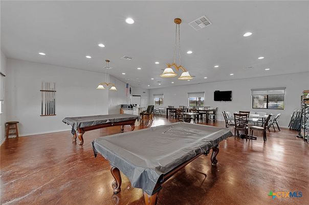 Billiard Table, Dining room, Game Room, Interior, Pendant Lights, Recessed Lighting, Wood Texture Flooring