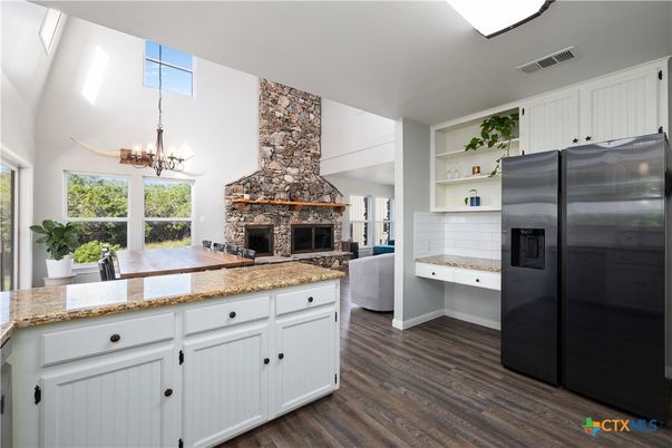 Chandelier, Fireplace, Interior, Kitchen, Pendant Lights, Wood Texture Flooring