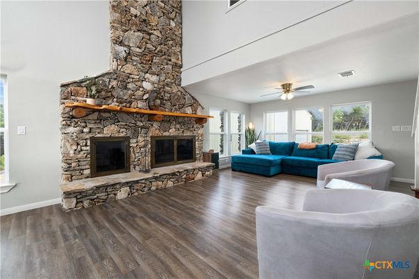 Fireplace, Interior, Living room, Stone Walls, Wood Texture Flooring