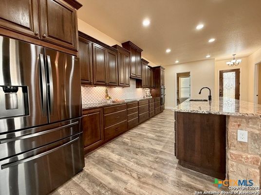 Chandelier, Interior, Kitchen, Recessed Lighting, Wood Texture Flooring