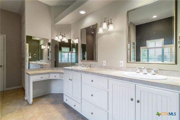 Bathroom, Dual Sink Vanities, Interior, Recessed Lighting, Tile Countertops