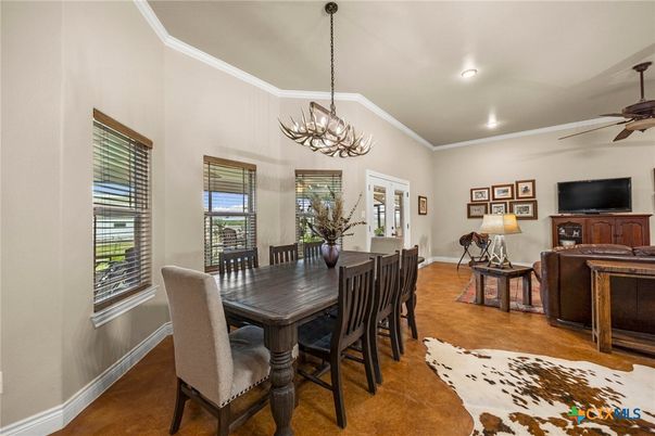 Chandelier, Dining room, Interior, Recessed Lighting, Wood Texture Flooring