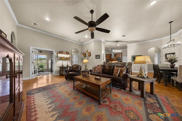 Chandelier, Dining room, Interior, Living room, Recessed Lighting, Wood Texture Flooring