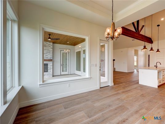 Chandelier, Empty room, Interior, Kitchen, Pendant Lights, Recessed Lighting, Wooden Ceilings, Wood Texture Flooring