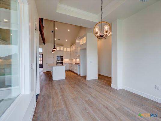 Chandelier, Interior, Kitchen, Pendant Lights, Recessed Lighting, Wood Texture Flooring