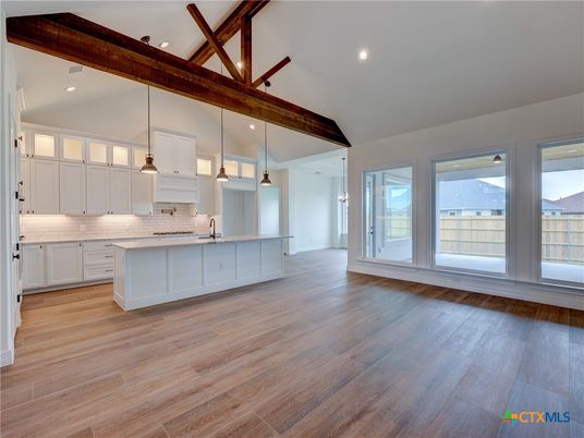 Empty room, Interior, Kitchen, Pendant Lights, Recessed Lighting, Wooden Beams, Wood Texture Flooring