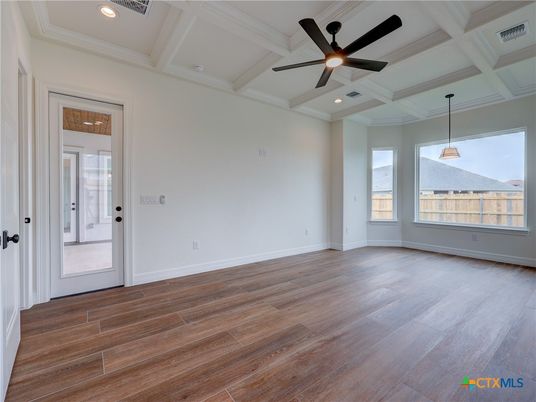 Empty room, Interior, Pendant Lights, Recessed Lighting, Wood Texture Flooring