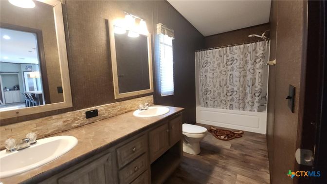 Bathroom, Dual Sink Vanities, Interior, Recessed Lighting, Wood Texture Flooring