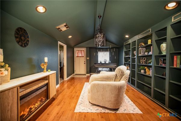 Fireplace, Interior, Pendant Lights, Recessed Lighting, Wood Texture Flooring