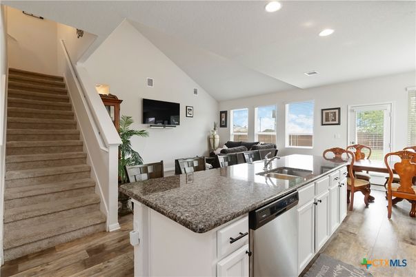 Dining room, Interior, Kitchen, Living room, Recessed Lighting, Wood Texture Flooring