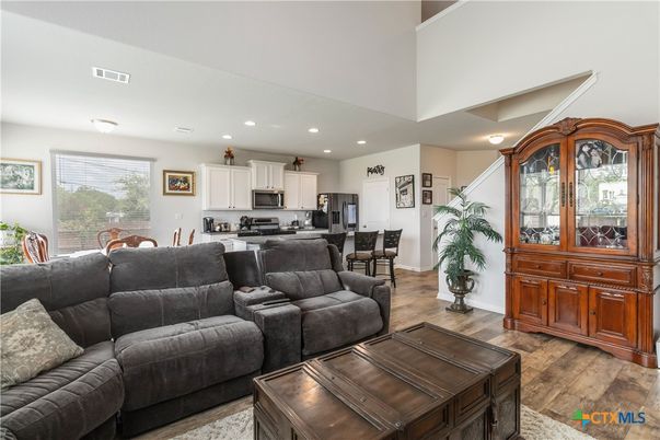Dining room, Interior, Kitchen, Living room, Recessed Lighting, Wood Texture Flooring