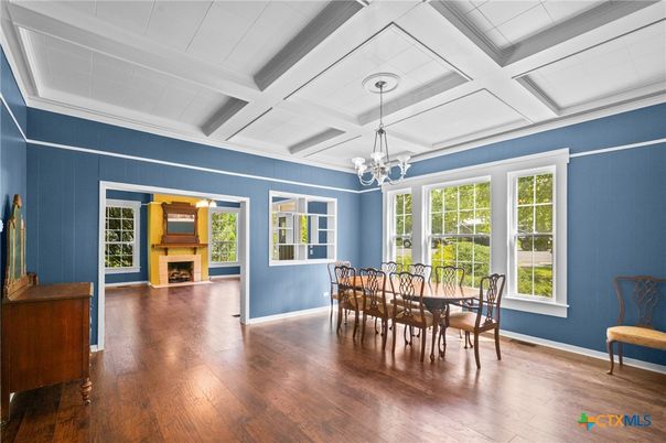 Dining room, Fireplace, Interior, Pendant Lights, Wood Texture Flooring