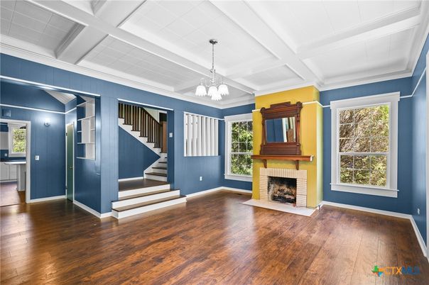 Empty room, Fireplace, Interior, Pendant Lights, Wood Texture Flooring