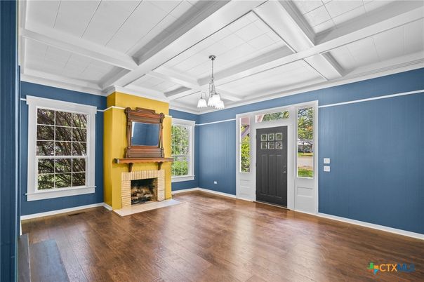 Empty room, Fireplace, Interior, Pendant Lights, Wood Texture Flooring