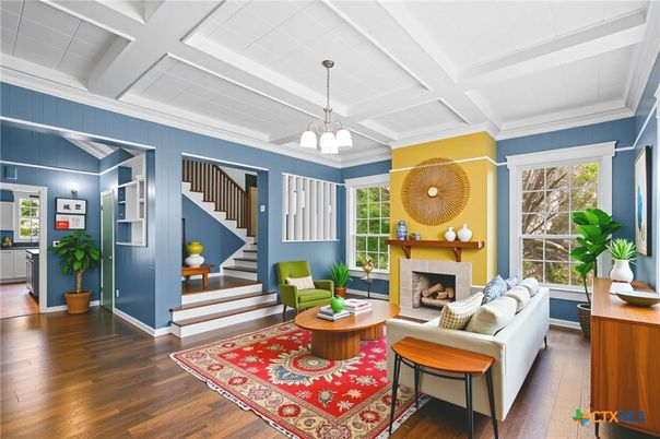 Fireplace, Interior, Living room, Pendant Lights, Wood Texture Flooring