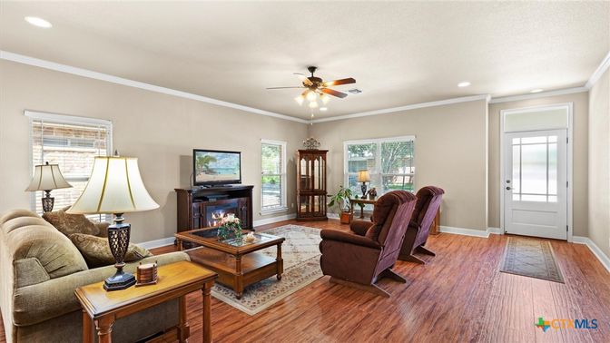 Fireplace, Interior, Living room, Recessed Lighting, Wood Texture Flooring