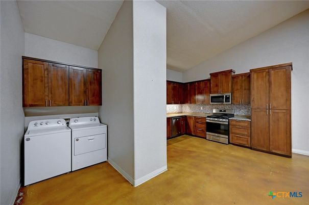 Interior, Kitchen, Stainless Steel Appliances, Washer, Wood Texture Flooring