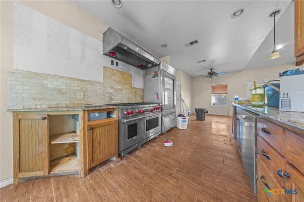 Interior, Kitchen, Pendant Lights, Recessed Lighting, Stainless Steel Appliances, Wood Texture Flooring
