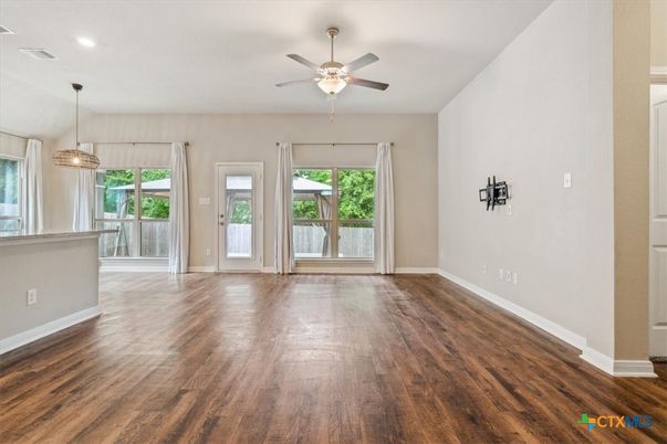 Empty room, Interior, Pendant Lights, Recessed Lighting, Wood Texture Flooring