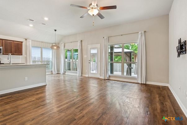 Empty room, Interior, Pendant Lights, Recessed Lighting, Wood Texture Flooring