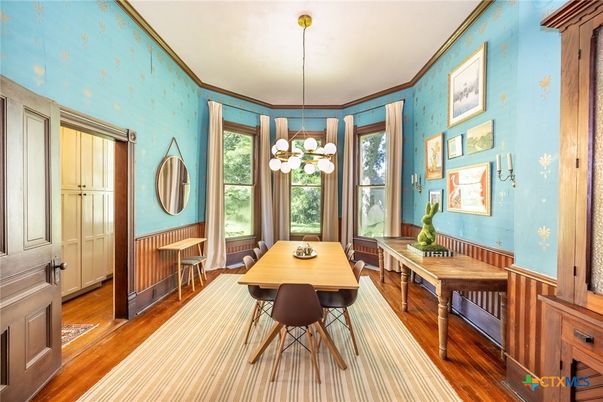 Dining room, Interior, Pendant Lights, Wood Texture Flooring