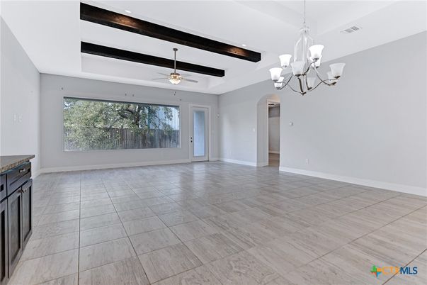 Chandelier, Empty room, Interior, Recessed Lighting, Wooden Beams
