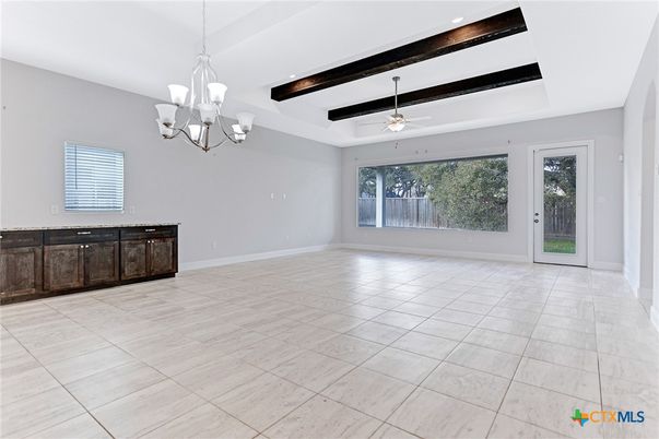 Chandelier, Empty room, Interior, Wooden Beams