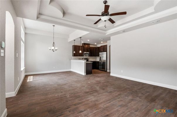 Chandelier, Interior, Kitchen, Pendant Lights, Recessed Lighting, Stainless Steel Appliances, Wood Texture Flooring