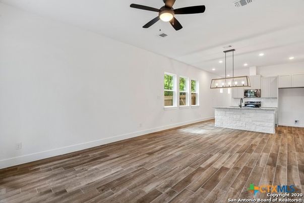 Empty room, Interior, Kitchen, Pendant Lights, Recessed Lighting, Wood Texture Flooring