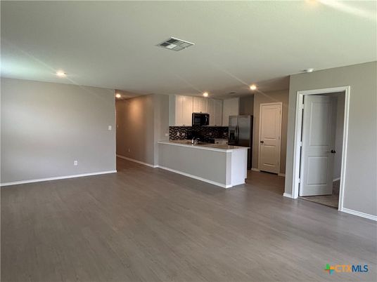 Empty room, Interior, Kitchen, Recessed Lighting, Wood Texture Flooring