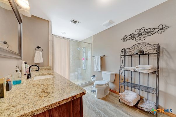 Bathroom, Glass Shower, Interior, Wood Texture Flooring