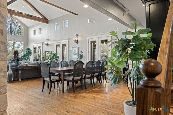 Chandelier, Dining room, Interior, Living room, Recessed Lighting, Wooden Beams, Wood Texture Flooring