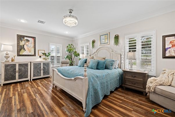 Bedroom, Chandelier, Interior, Recessed Lighting, Wood Texture Flooring