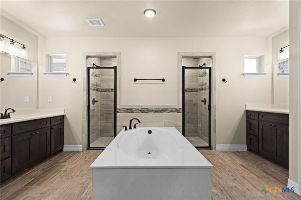 Bathroom, Dual Sink Vanities, Glass Shower, Interior, Recessed Lighting, Wood Texture Flooring