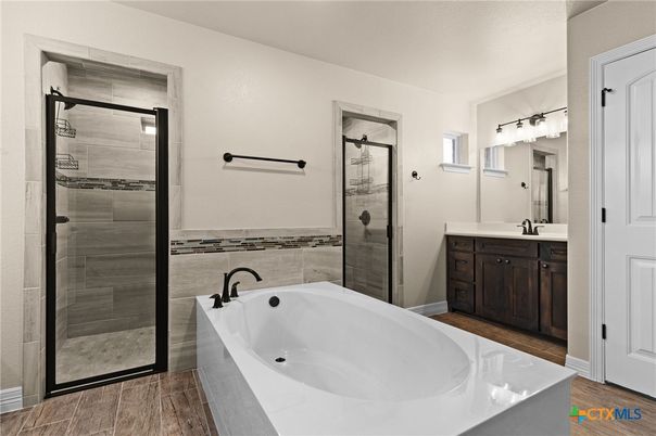 Bathroom, Dual Sink Vanities, Glass Shower, Interior, Wood Texture Flooring