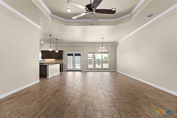 Chandelier, Empty room, Interior, Kitchen, Pendant Lights, Recessed Lighting, Wood Texture Flooring